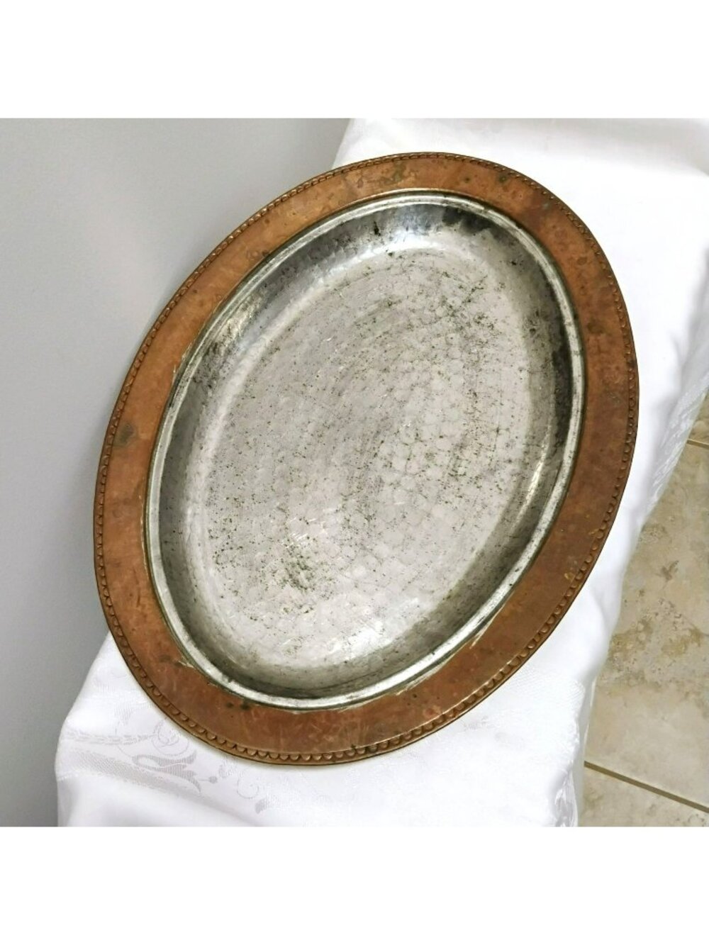 Vintage Hammered Copper Serving Tray with Tin LIning 19" Rustic Turkish Platter